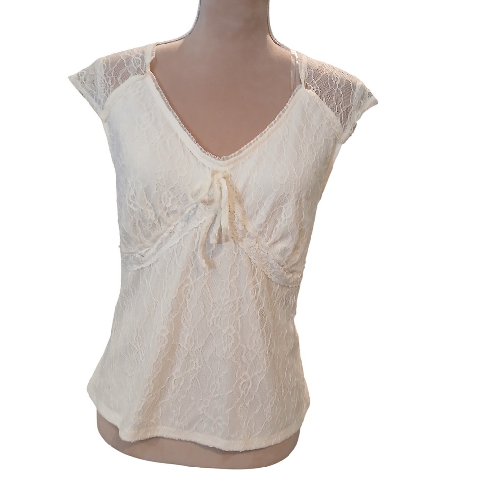 NO BOUNDARIES Juniors Lace Cap Sleeve V Neck Top Ivory XXL Victorian Romantic